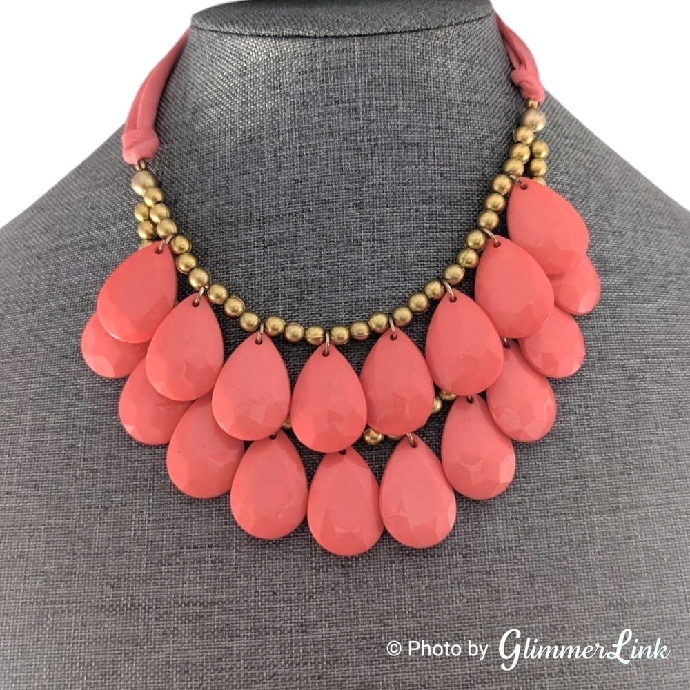 Two Strand Layered Bib Tie Back Pink Peach Faceted Teardrop Gold Tone Necklace
